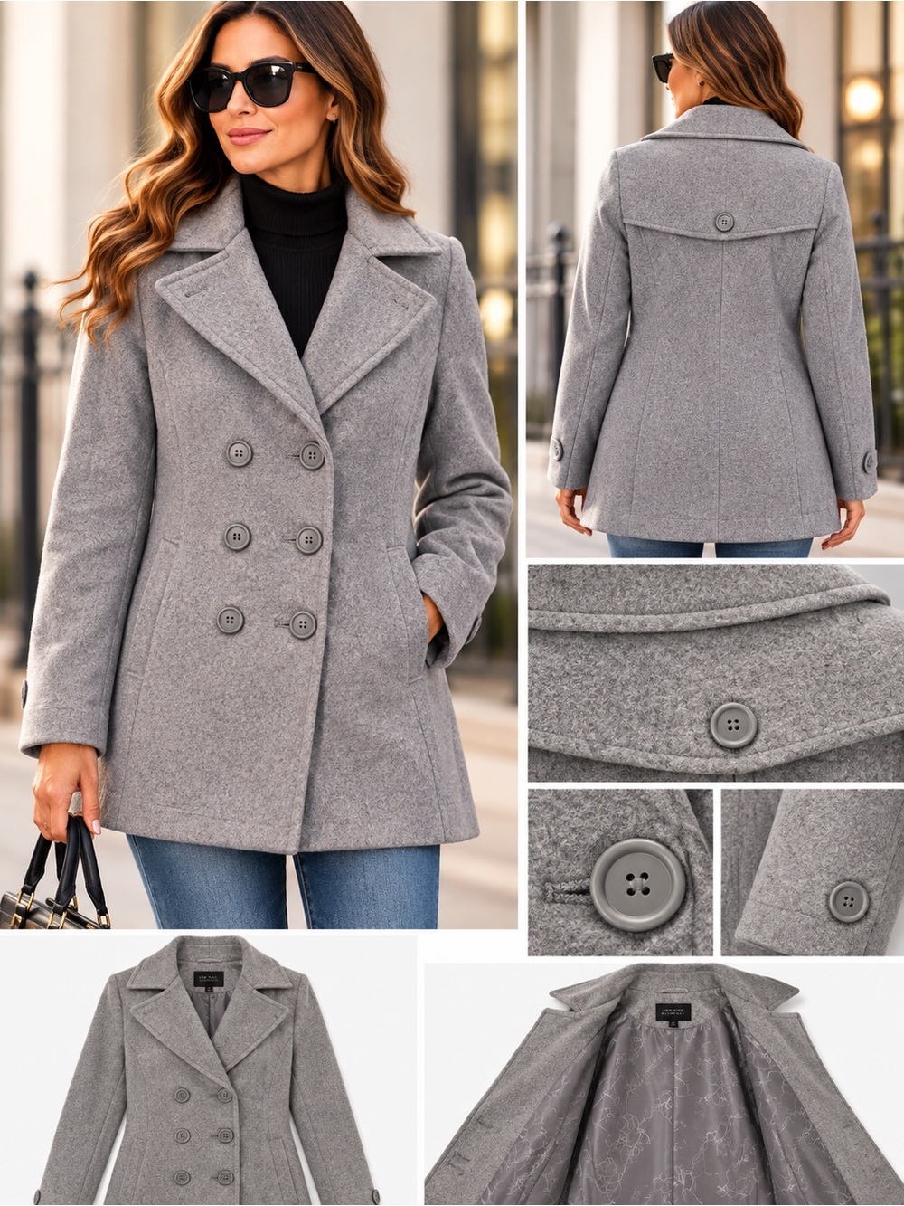 New York company classic Gray Double-Breasted Wool Blend Peacoat